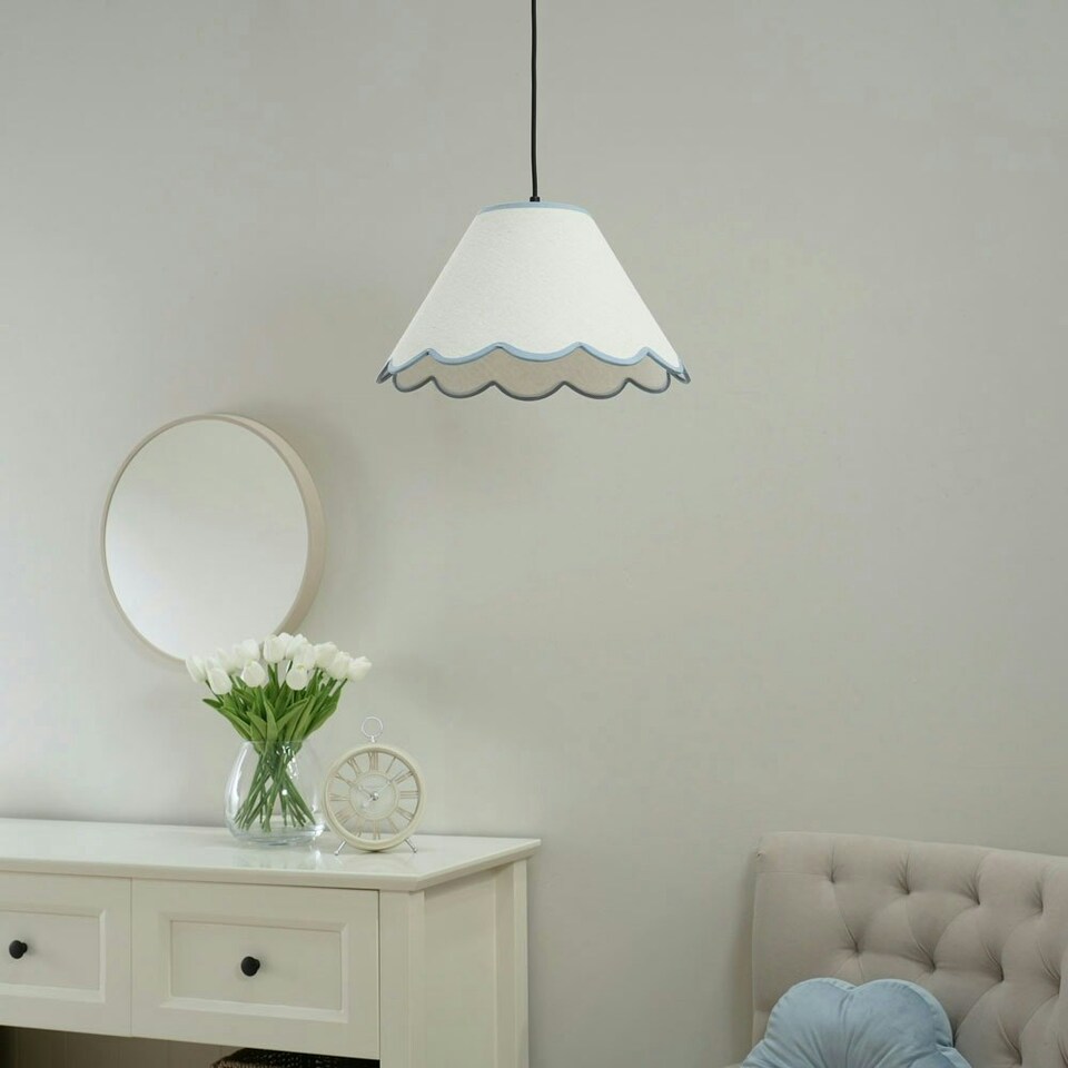 image 1 of ValueLights Florie Natural Linen Large Tapered Lamp Shade with Scallop Blue Trim with LED Bulb