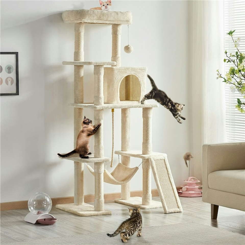 image 1 of Yaheetech Large Cat Tower with Hammock Scratching Posts Beige