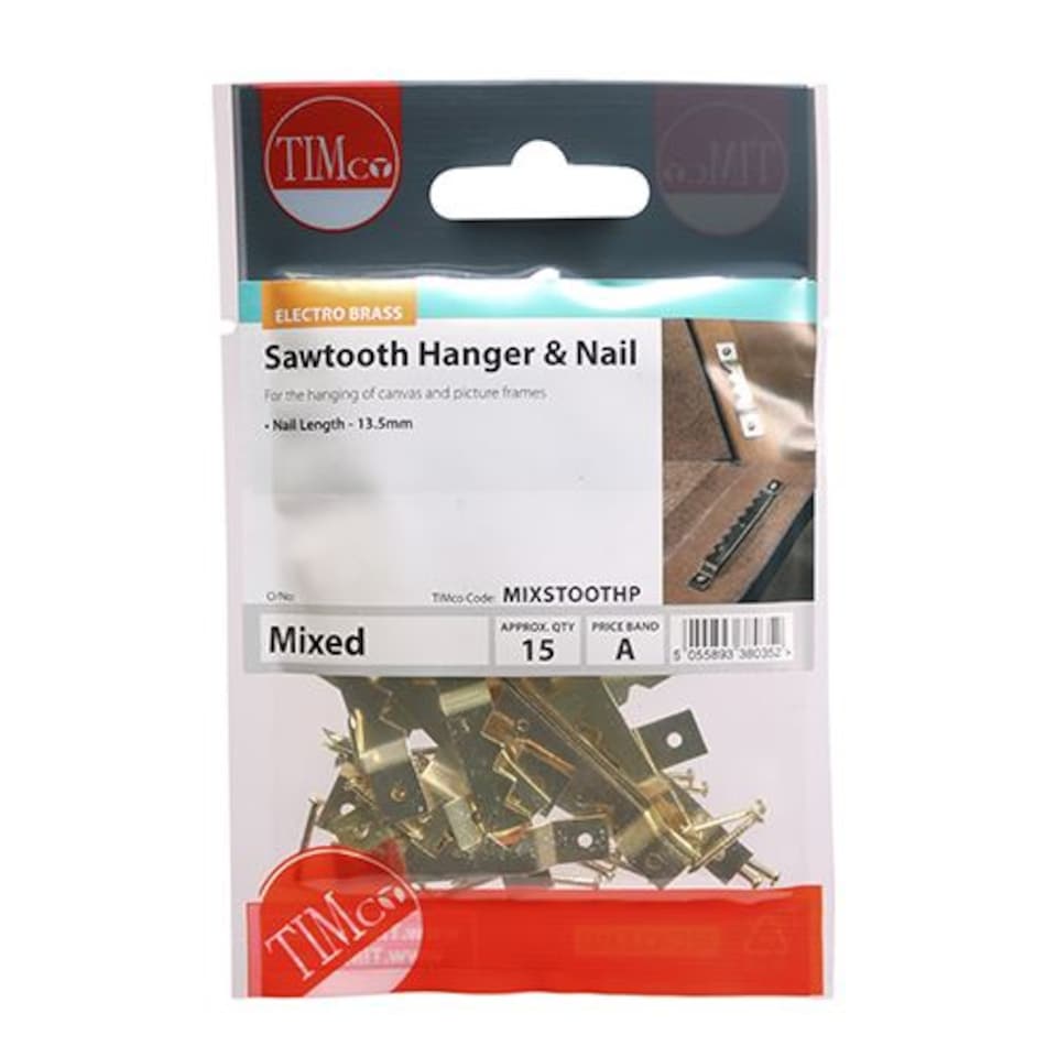 image 1 of Timco - Mixed Sawtooth Hangers and Nails - Electro Brass (Size 41mm & 63mm - 15 Pieces)