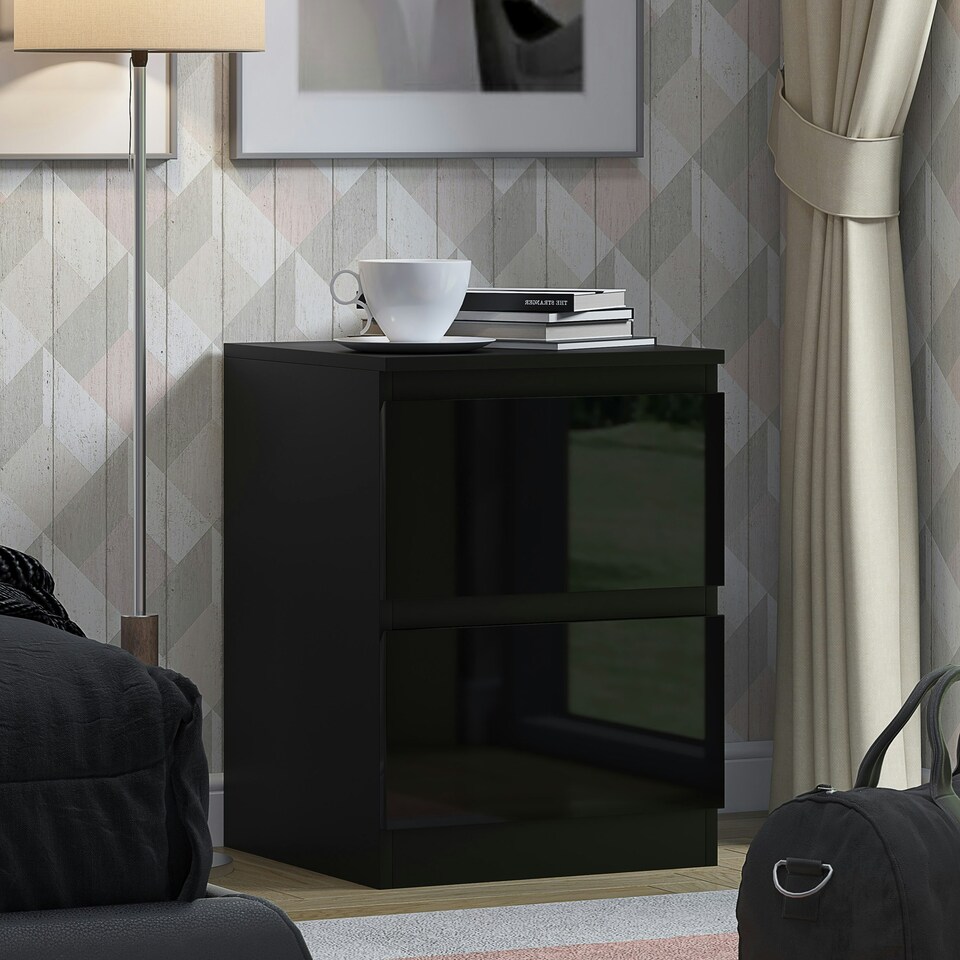 image 1 of FWStyle Stora 2 Drawer Bedside Cabinet - Black Gloss Front