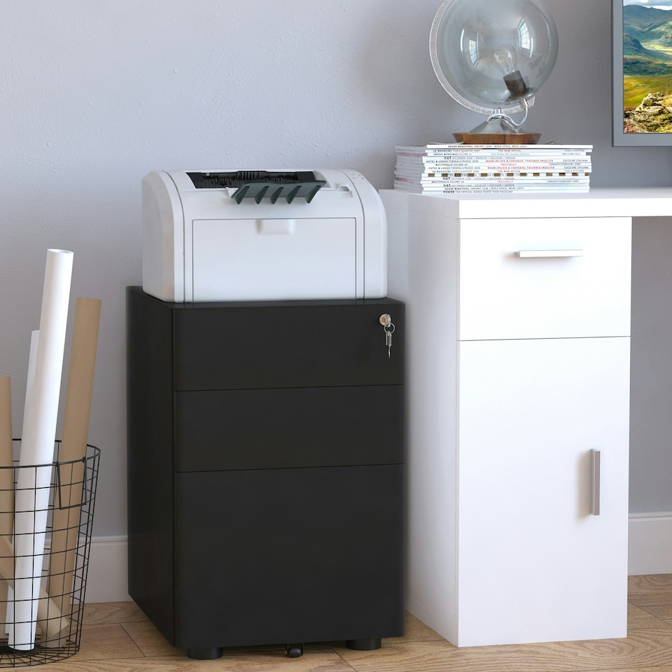 image 1 of Vinsetto 3 Drawer Metal Filing Cabinet Lockable 5 Wheels Under Desk Black