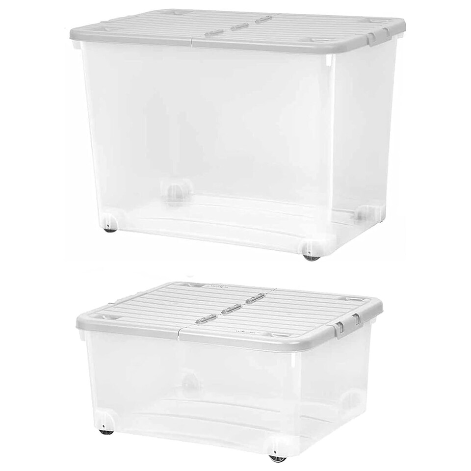 image 1 of 2 x 30L Clear Plastic Stackable Wheeled Storage Containers With Folding Split Lids Clear