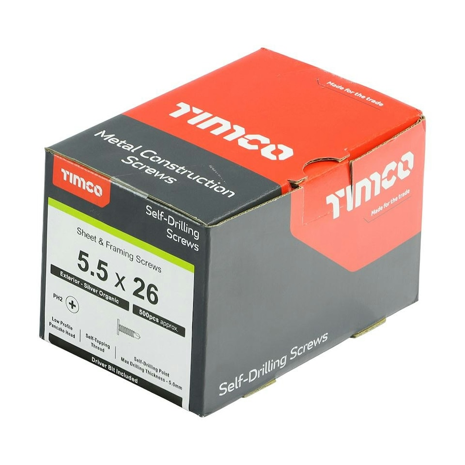 image 1 of Timco - Metal Construction Sheet & Framing Screws - PH - Low Profile Pancake - Exterior - Silver Organic (Size 5.5 x 26 - 500 Pieces)