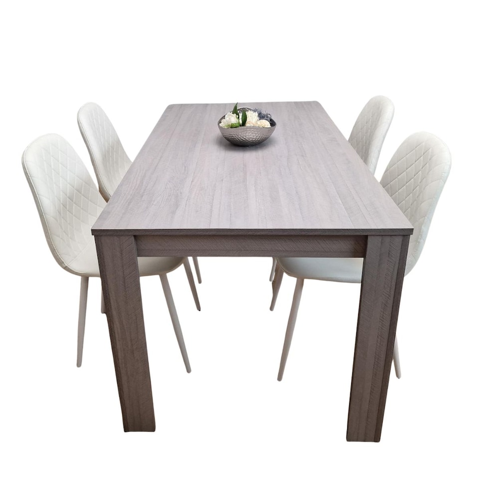 image 1 of Grey Dining Table Set With 4 White Stitched Chairs Kitchen Dining Table for 4 Dining Room Dining Set
