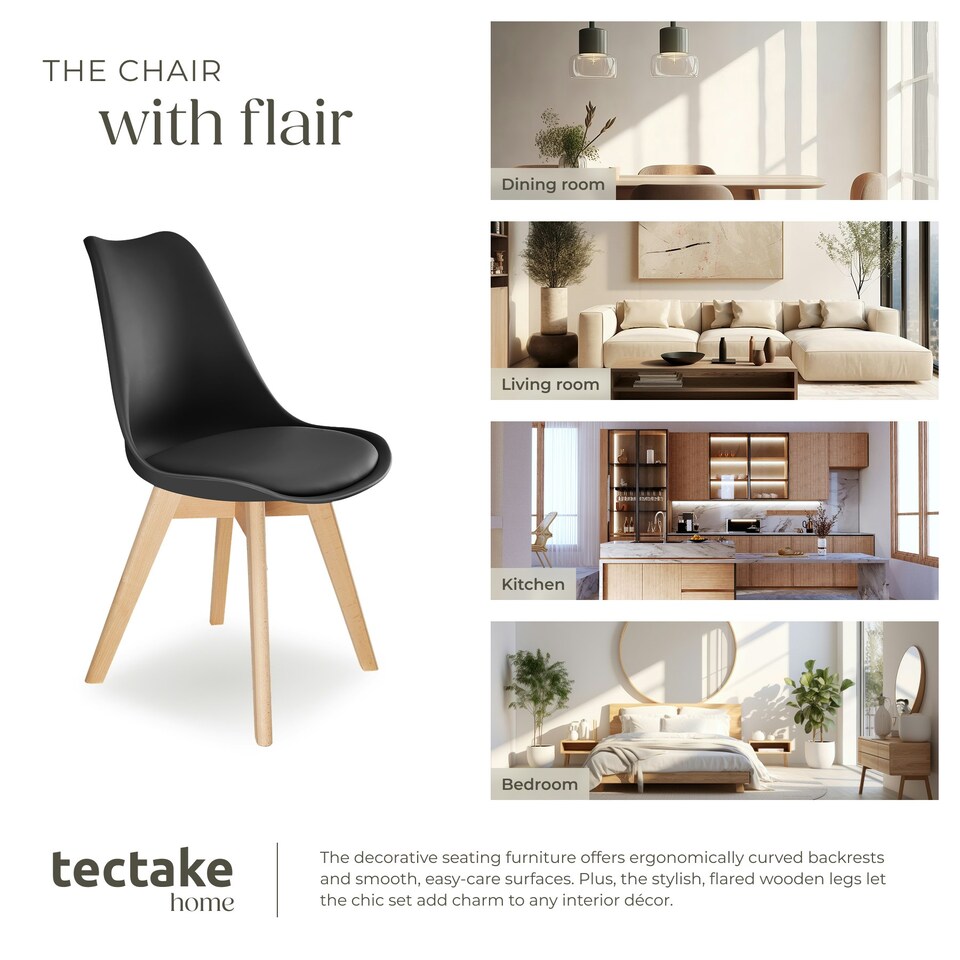 image 1 of Dining Chairs Frederikke - padded, ergonomic shape, wooden legs - Set of 2 Black
