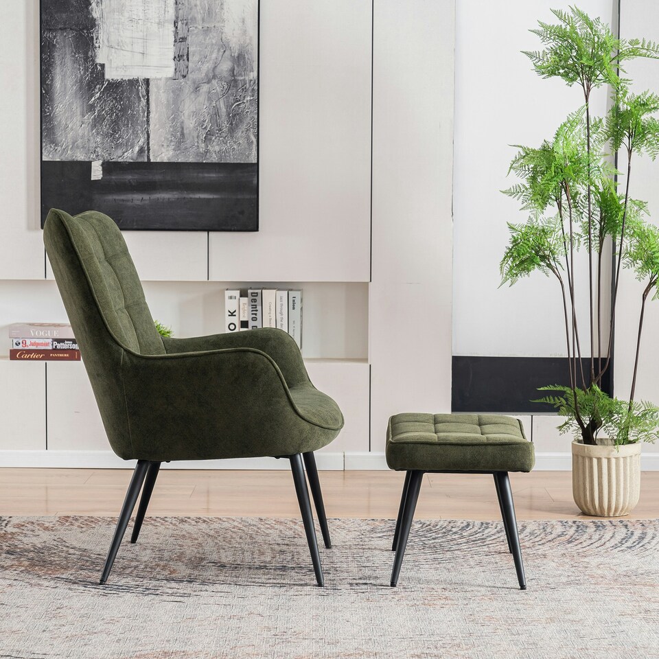 image 1 of Vera Velvet Occasional Living Room Modern Accent Chair with Footstool (Green)