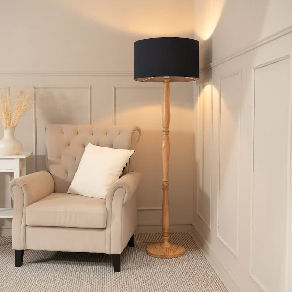 image 1 of ValueLights Victoria Light Wood Floor Lamp Charcoal Shade and Bulb