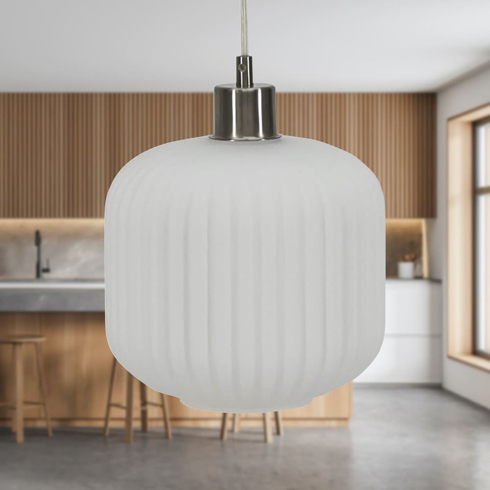 image 1 of Set of 2 Bento - White Ribbed Glass with Satin Nickel Pendant Fittings | Chrome | White | 2