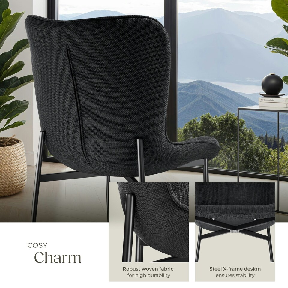 image 1 of Dining Chair Tessa - ergonomic high backrest, slim steel legs, soft fabric - Set of 4 Black | Woven Fabric Black/Black