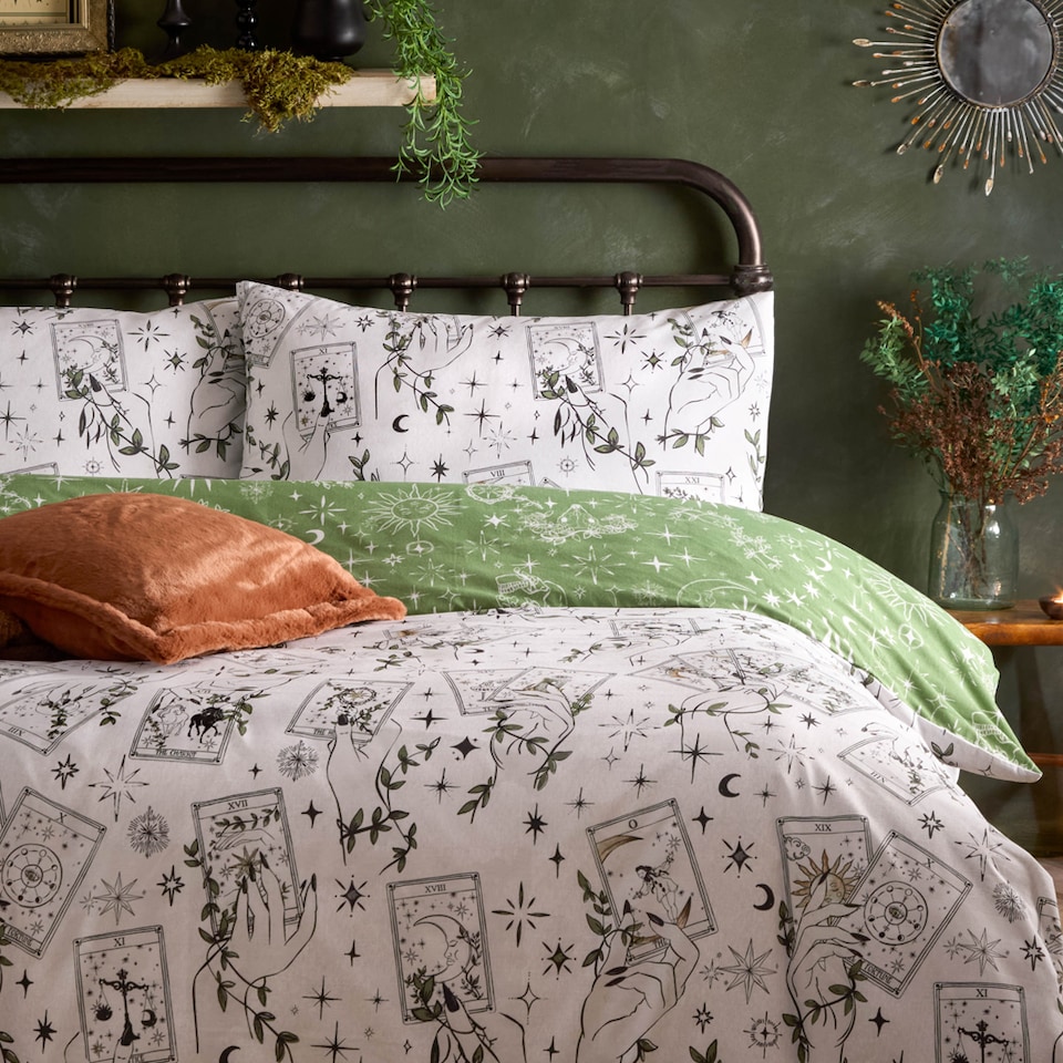 image 1 of Furn Celestial Stories Printed Reversible Duvet Cover Set | Green | Green | Super King