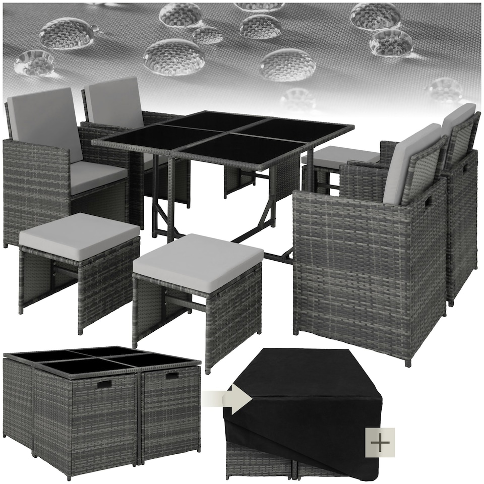 image 1 of Garden Table and Chairs Bilbao - 8 seats, weather & UV-resistant, rain cover - Grey