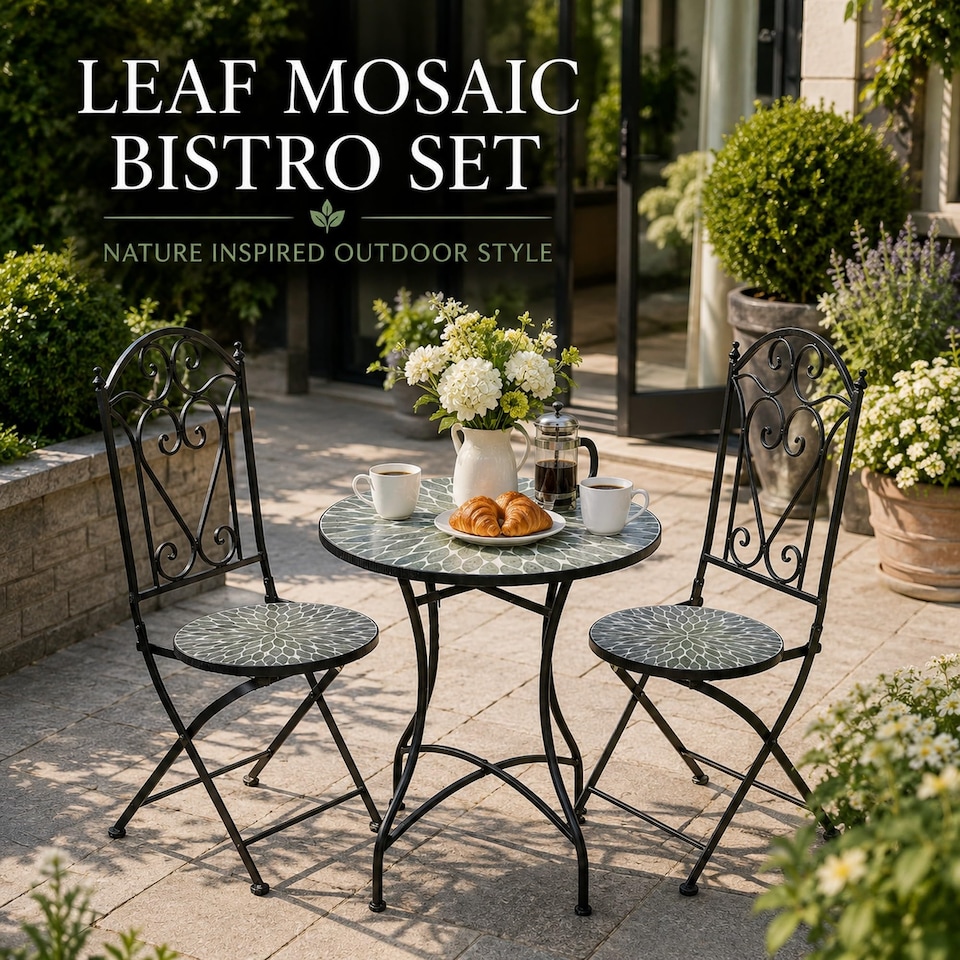 image 1 of Leaf Mosaic Bistro Set with Folding Chairs, Ceramic Top Outdoor Table and Two Seat Garden Furniture for Patio and Balcony