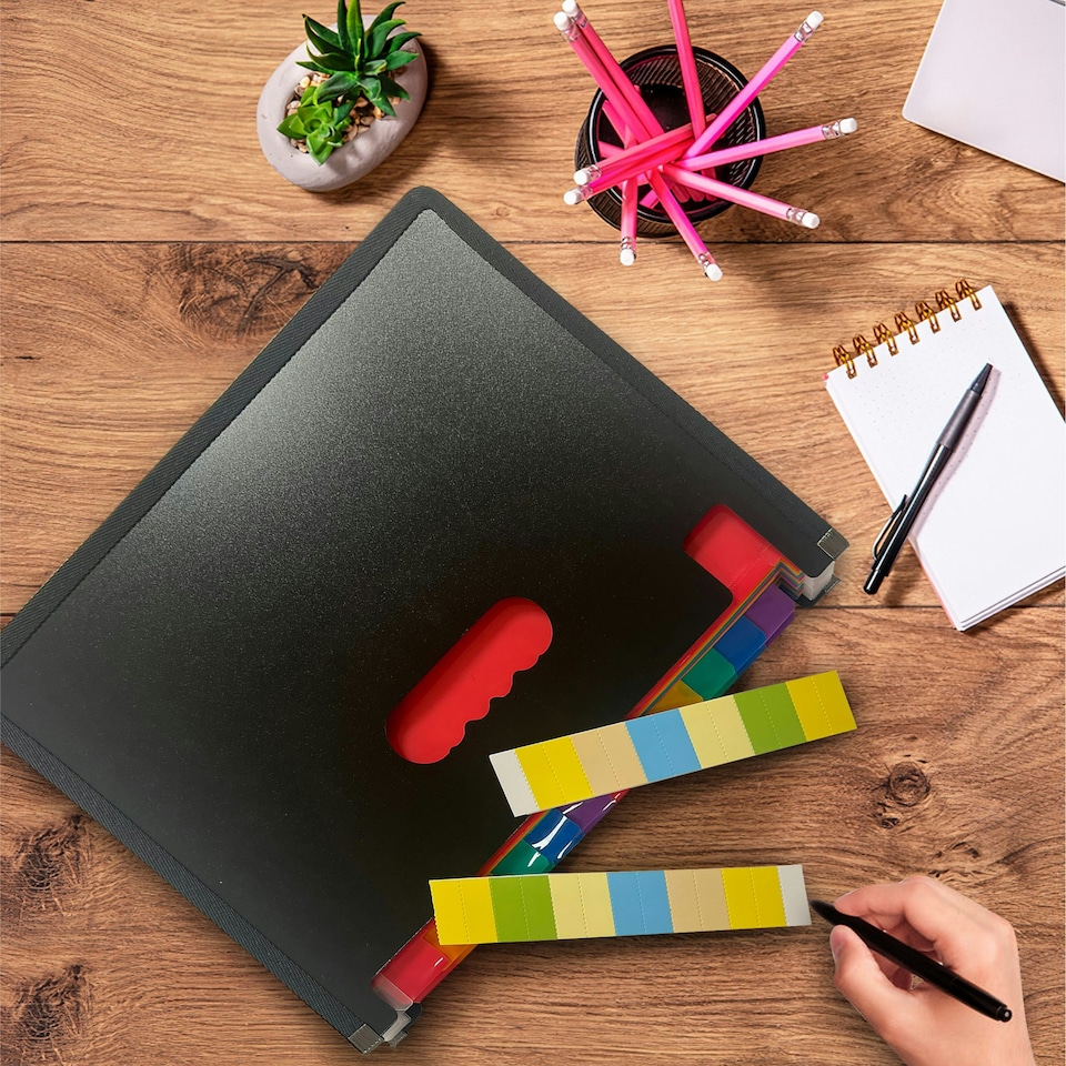 image 1 of A4 Landscape Desk Expander Black Cover with 23 Assorted Coloured Pockets