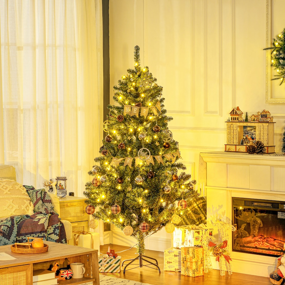 image 1 of HOMCOM 6ft Pre Lit Artificial Christmas Tree Holiday Decor with 150 Warm White LED Lights and 650 Tips, Banner, Ball, Tag, Tree Decoration, Auto Open