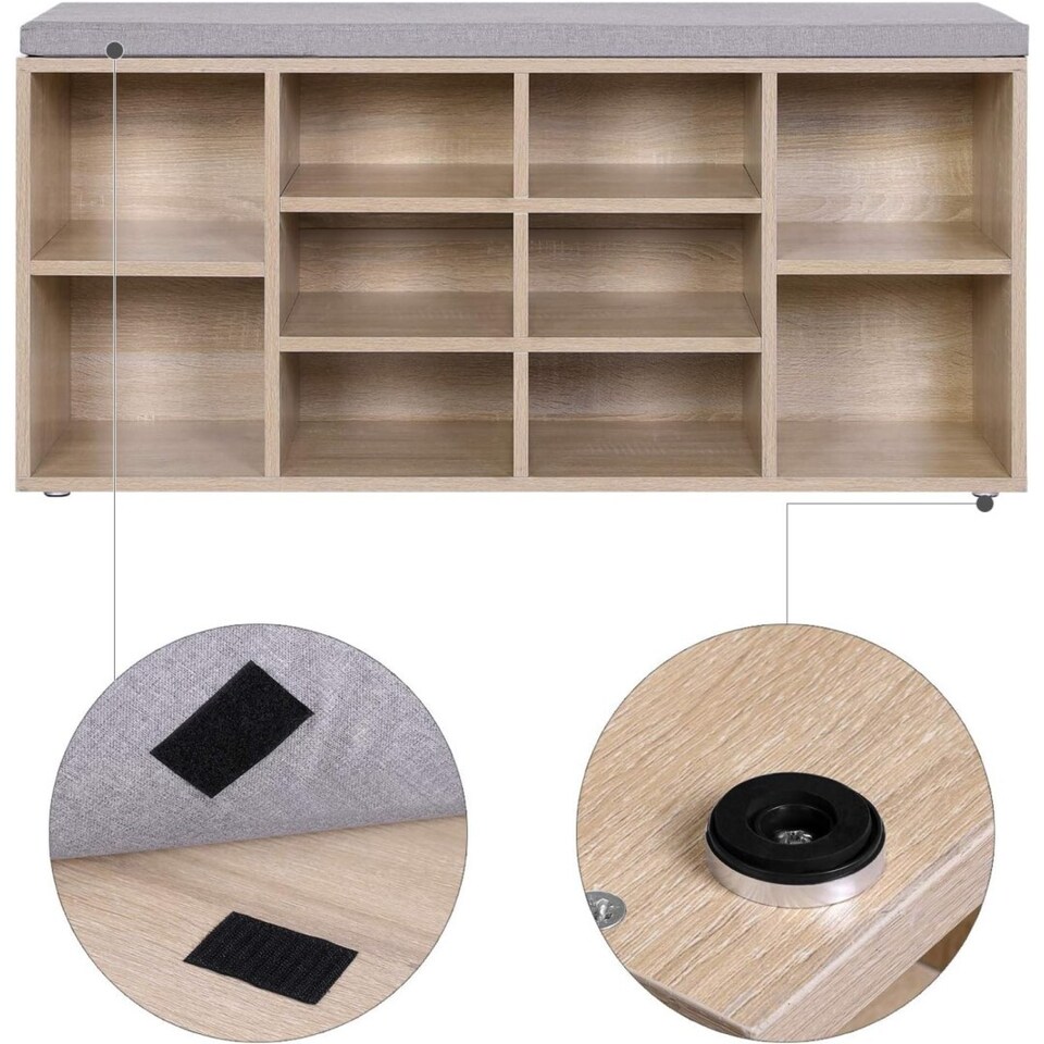 image 1 of 10-Compartment Shoe Storage Bench Cabinet with Cushion Seat, Oak Colour