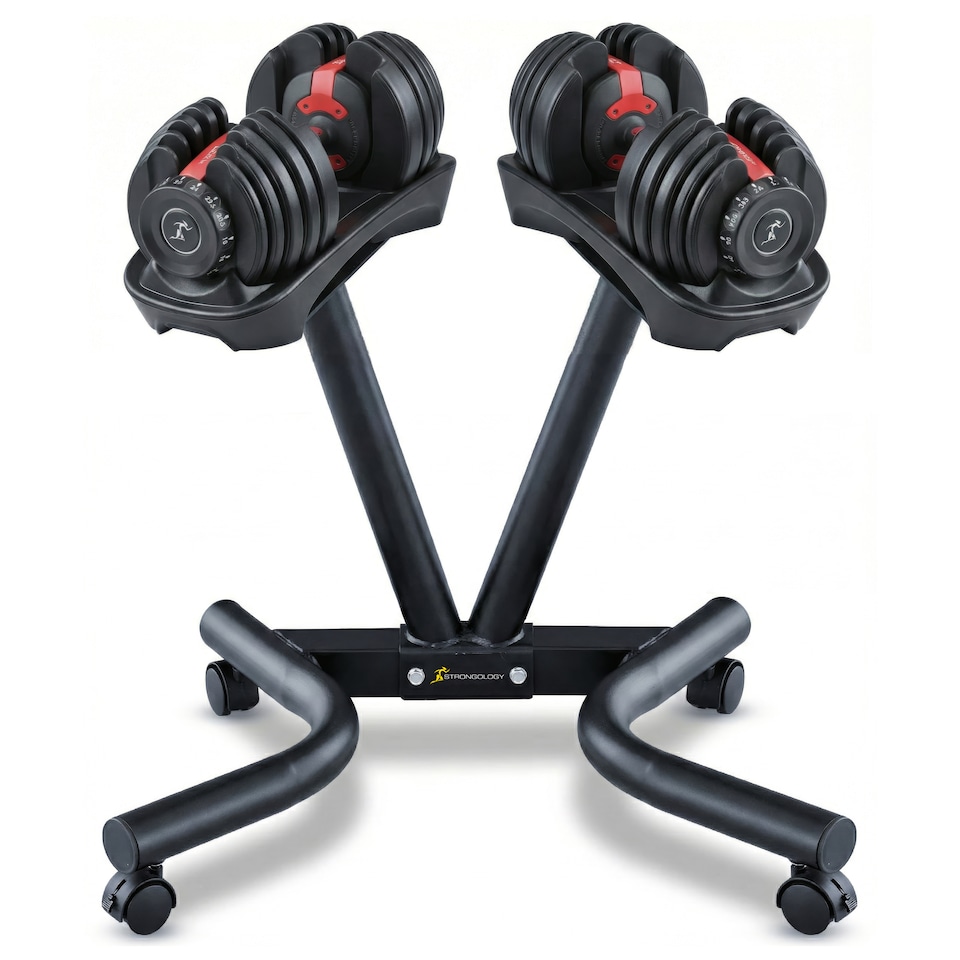 image 1 of Strongology RELENTLESS24 Adjustable Dumbbell Pair (2.5-24kg) and POWERDOCK Stand 15-in-1 Quick-Select Weights Home Gym Bundle