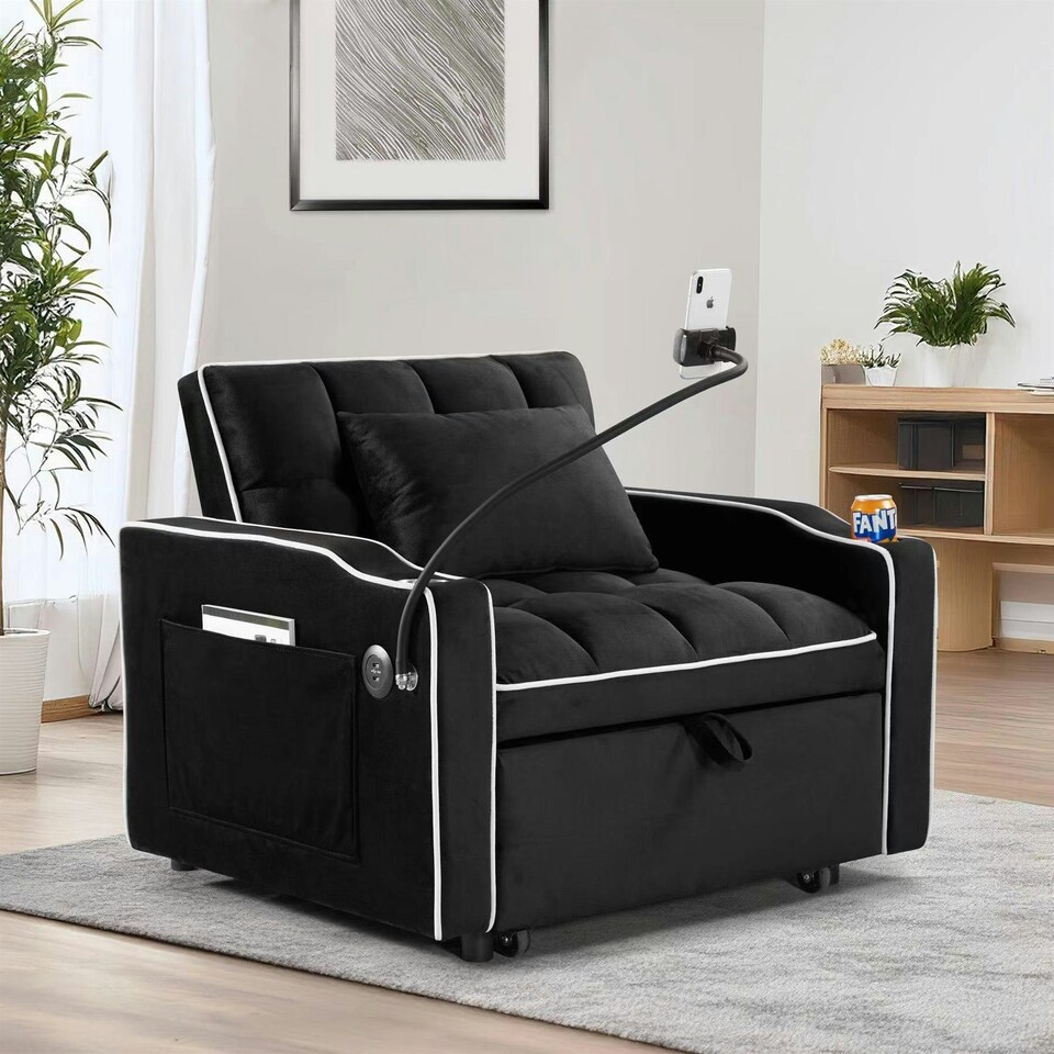image 1 of 3-in-1 Convertible Black Sofa Bed Sleeper Chair with Adjustable Backrest, USB Charging & Cup Holder for Small Spaces Black