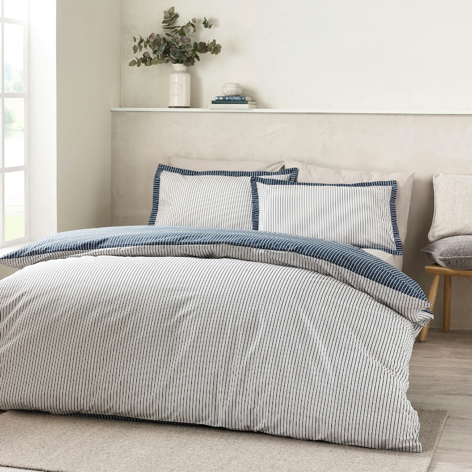 image 1 of Catherine Lansfield Oxford Pinstripe Reversible Duvet Cover Set Navy Blue | Blue | Navy Blue | King