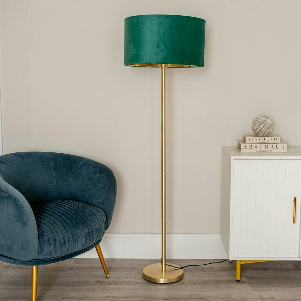 image 1 of ValueLights Charlie Gold Floor Lamp Green Velvet Gold Shade