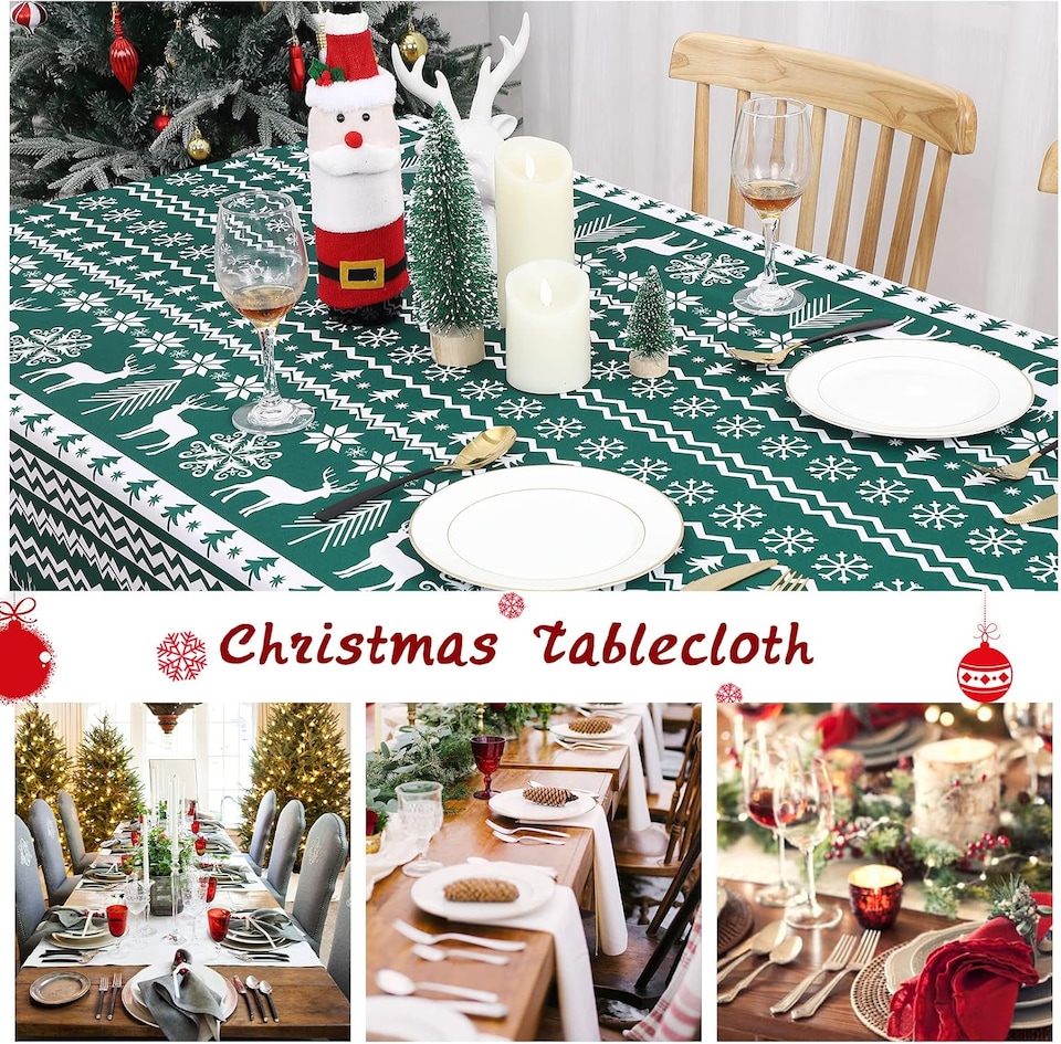 image 1 of London Boutique Round Christmas Tablecloth, Stain‑Resistant Wrinkle‑Resistant, Snowflake and Reindeer Print, Green, 60 in