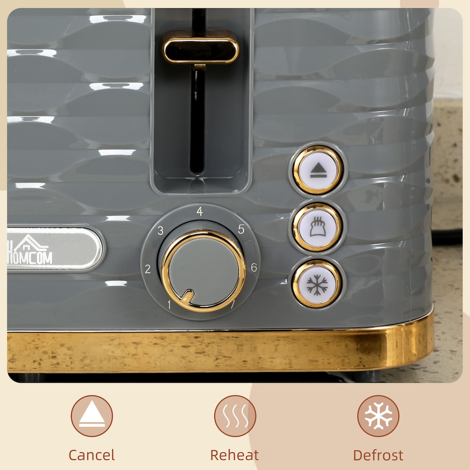 image 1 of HOMCOM 4 Slice Toaster with 7 Browning Levels, High Lift, ReheatDefrostCancel, Self-centring Function, Removable Crumb Tray, Auto Off, 1600W, Grey Water Ripple Texture | Grey | Rose gold accents