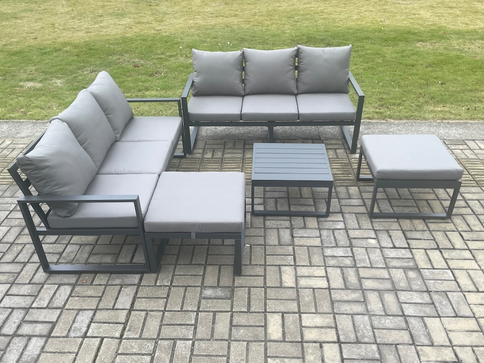 image 1 of Fimous Aluminium 5 Pieces Garden Furniture Sofa Set with Cushions 8 Seater Outdoor Patio Set with Square Coffee Table 2 Big Footstools Dark Grey