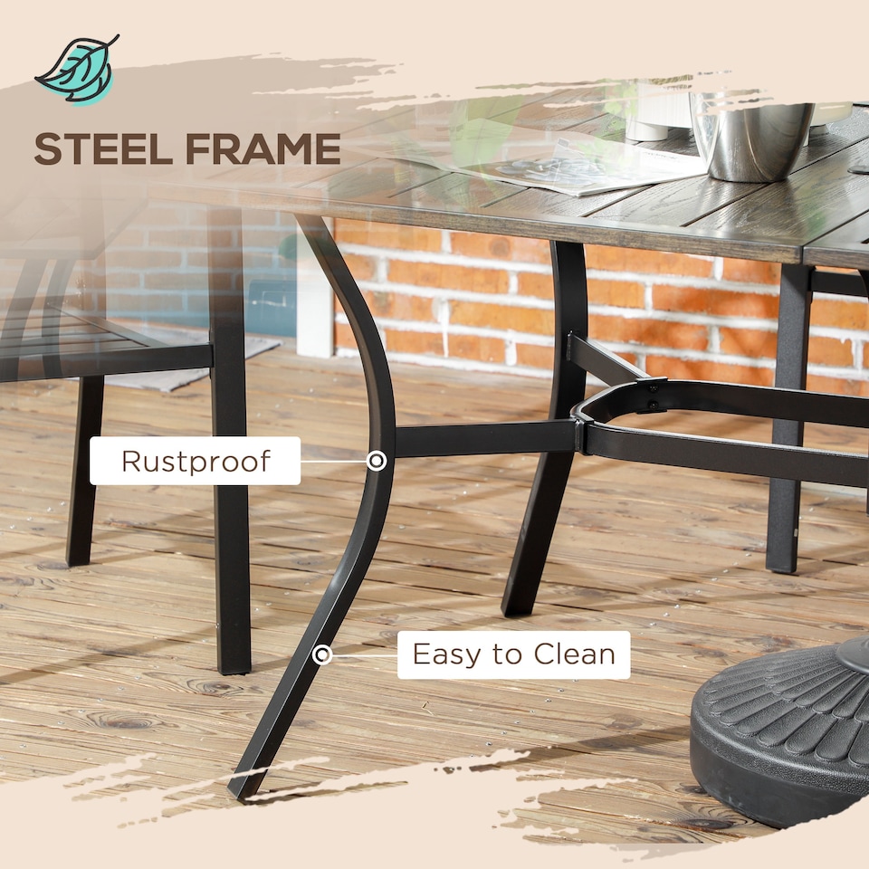 image 1 of Outsunny Garden Table with Parasol Hole, Outdoor Garden Dining Table with Wood Grain Tabletop and Steel Frame for Patio, Deck, Balcony, Brown, 150 x 96 x 73cm