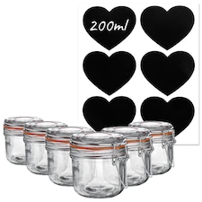 Argon Tableware 6x Glass Storage Jars & Heart Labels Set - 200ml - 4 Seals Airtight Kitchen Storage Container Preserving Jar