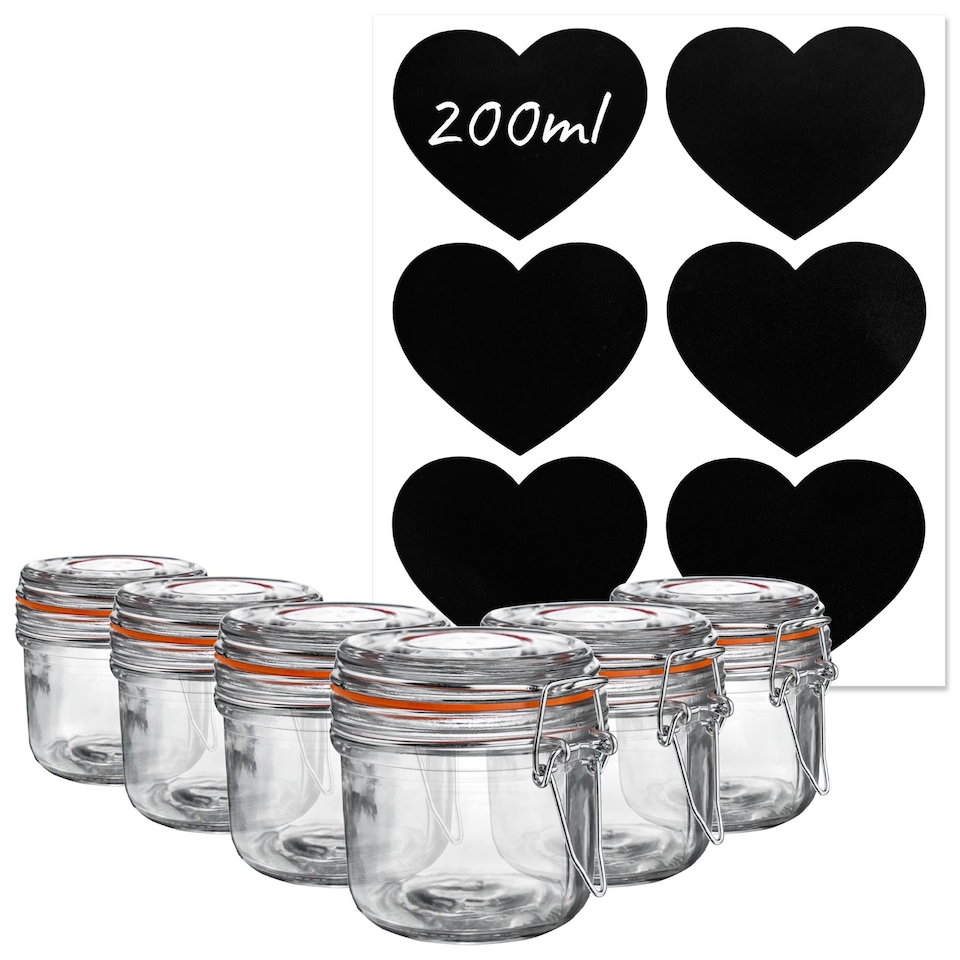 image 1 of Argon Tableware 6x Glass Storage Jars & Heart Labels Set - 200ml - 4 Seals Airtight Kitchen Storage Container Preserving Jar