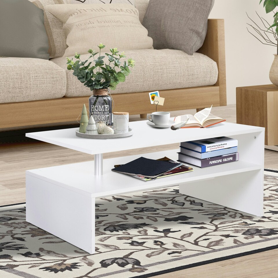 image 1 of HOMCOM 2 Tier Coffee/End Table Modern Design w/Open Shelf Living Room White