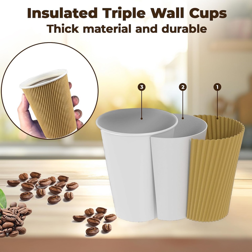 image 1 of ECONX 12oz Kraft Disposable Coffee Cups Ripple Wall Insulated Paper Cups 50pc