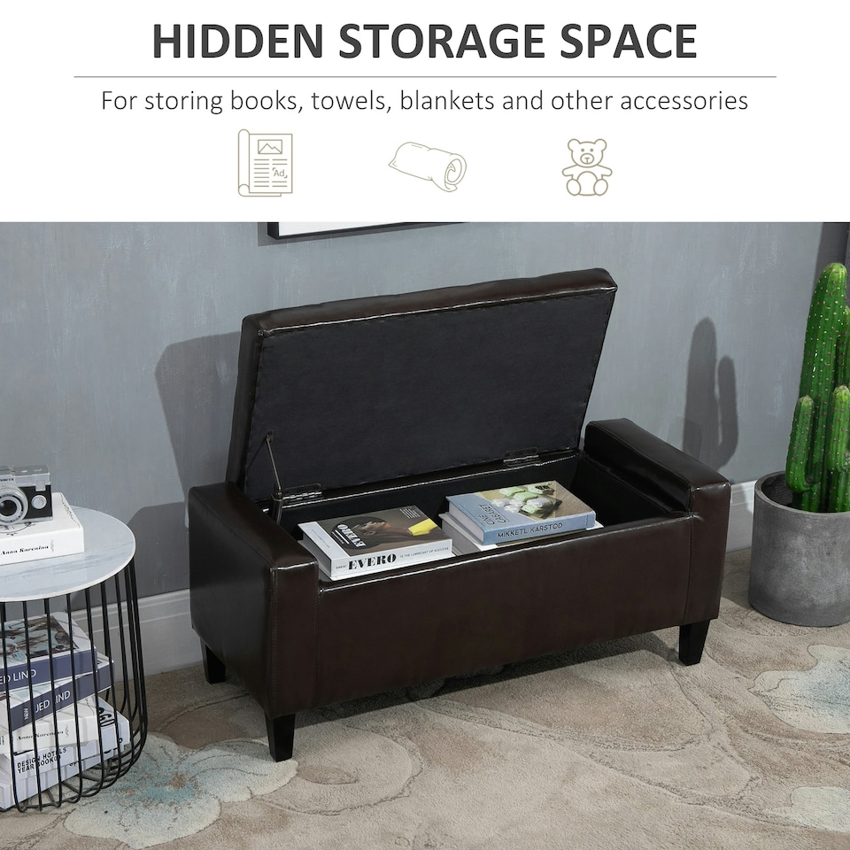 image 1 of HOMCOM 40x90cm PU Leather Storage Ottoman Bench Wood Frame w/ Tufting Feet Brown