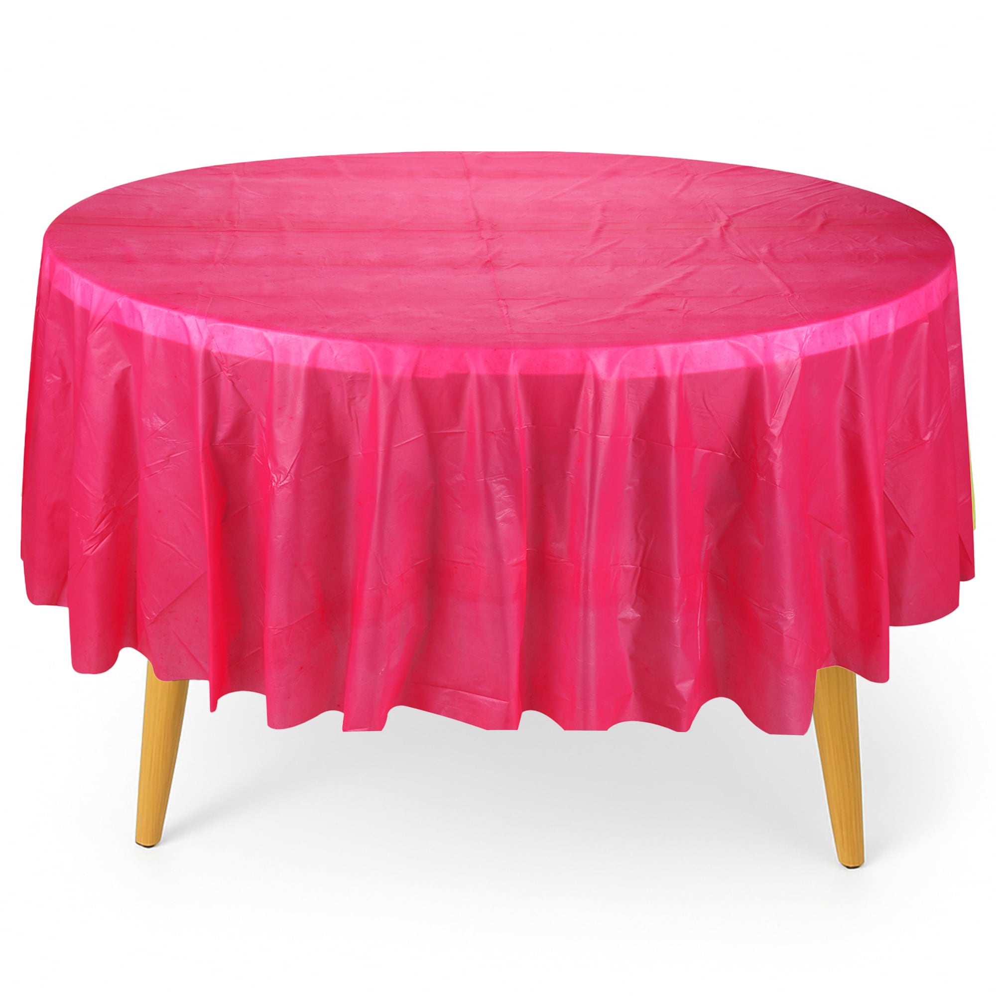 Neel Blue 84" Round PVC Tablecloth, Disposable Plastic Table Cover in Dark Pink