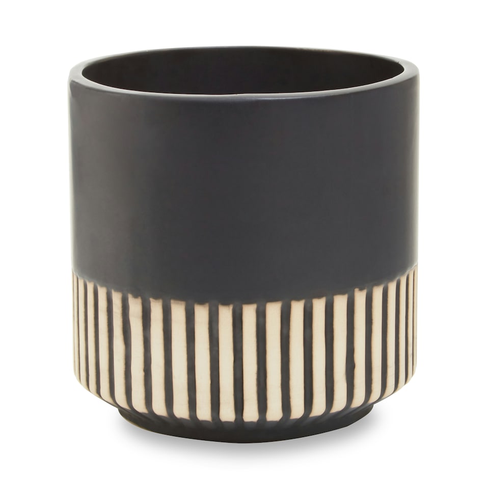 image 1 of Interiors by Premier Small Ceramic Planter, Modern Black and Gold Planter for Indoor Plants, Drum-shaped Ceramic Planter for Home Black