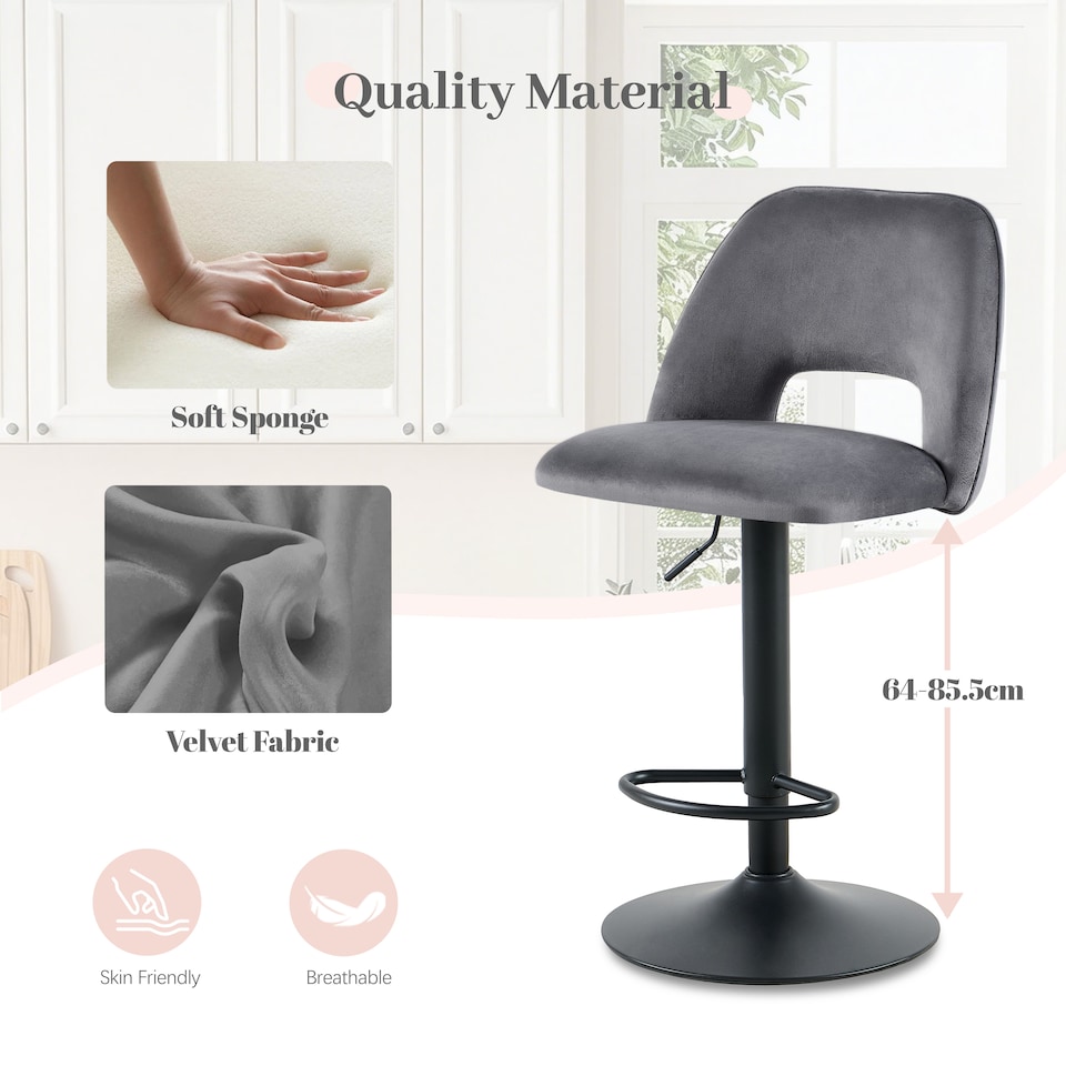 image 1 of SONARA Set of 3 Adjustable Velvet Upholstered Breakfast Bar Stools | Grey
