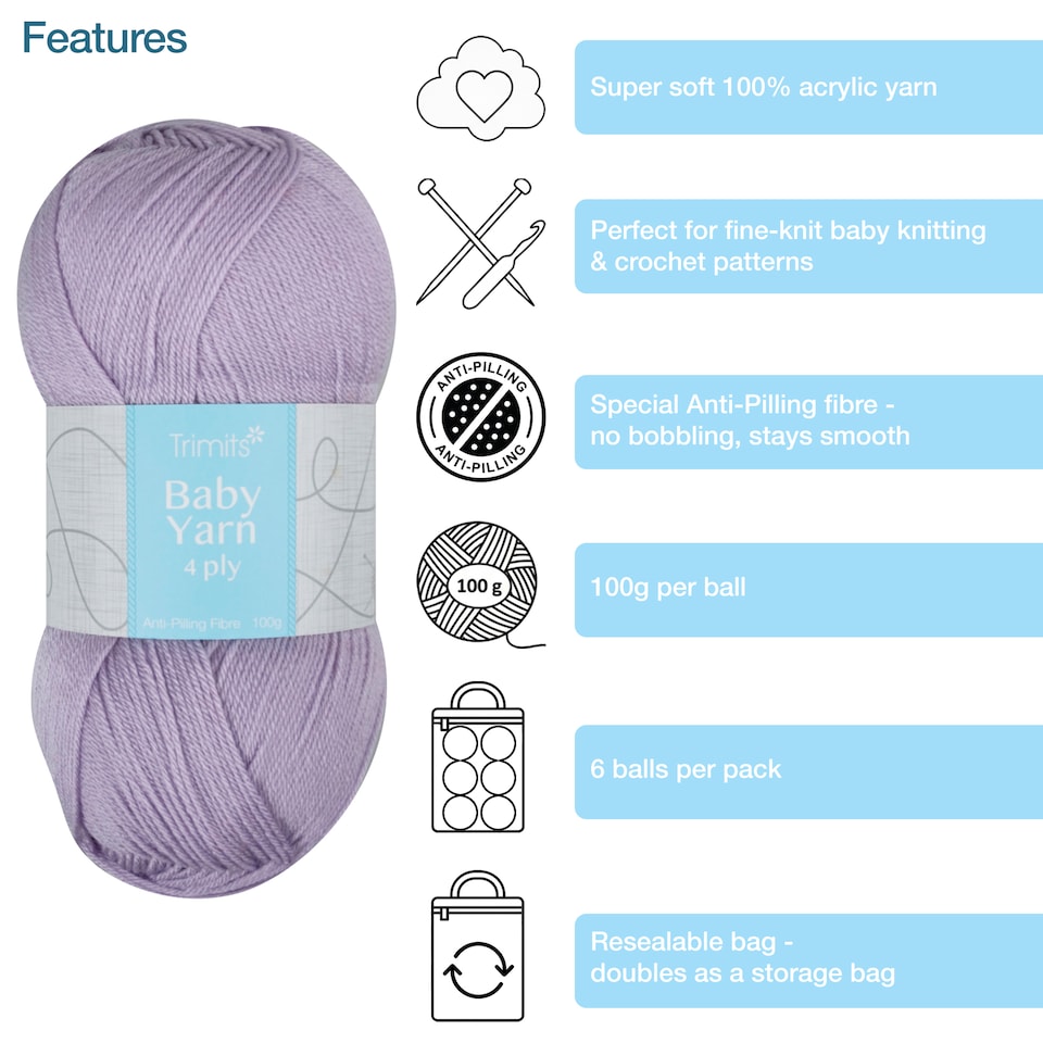 image 1 of Trimits 4 Ply Knitting Yarn 6 x 100g Acrylic Knitting & Crochet Wool Soft Anti Pilling Machine Washable OEKO-TEX