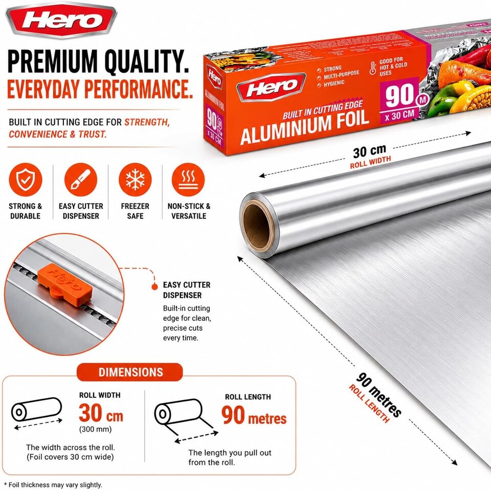image 1 of Hero Strong Kitchen Foil Roll 90m x 300mm – Premium Aluminium Foil with Easy Cutter Dispenser | Non-Stick Foil for Cooking, Baking, BBQ & Food Wrapping