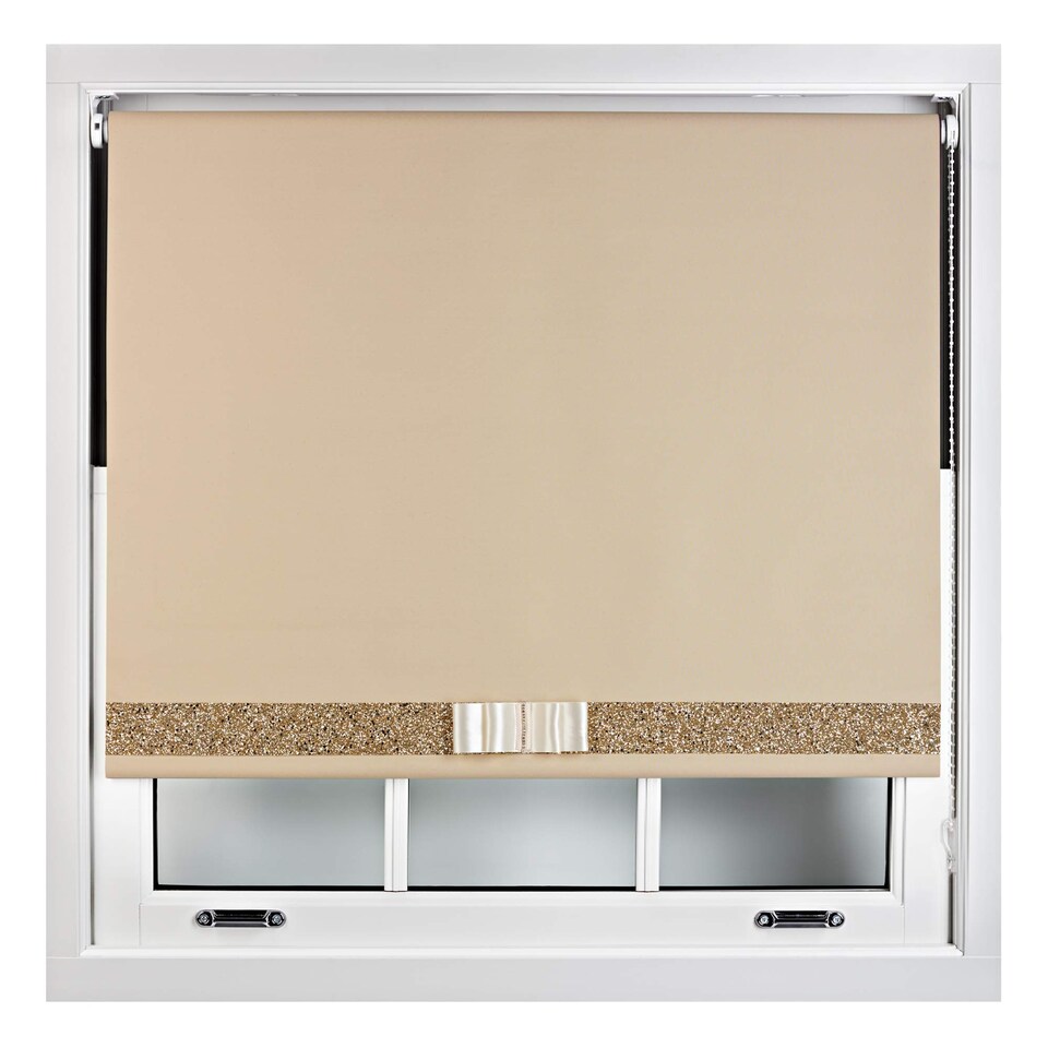 image 1 of FURNISHED Blackout Roller Blind with Gold Glitter Trim and Cream Bow Trimmable Window Shade | Brown | Cappuccino | (W) 145cm x (L) 165cm