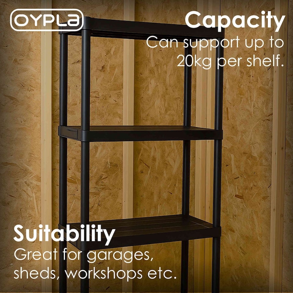 image 1 of 4 Tier Black Plastic Heavy Duty Shelving Racking Storage Unit
