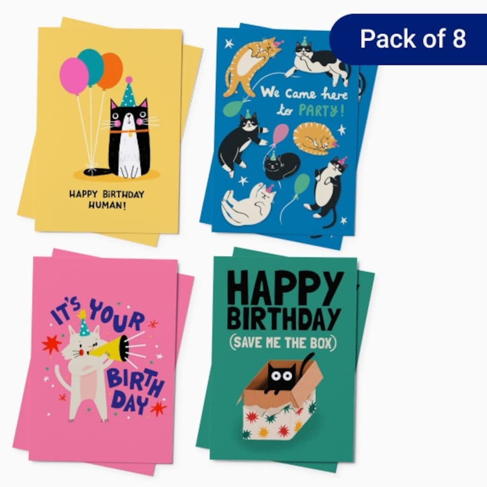 image 1 of Cat Birthday Card Pack – Box of 8 (4 Designs)