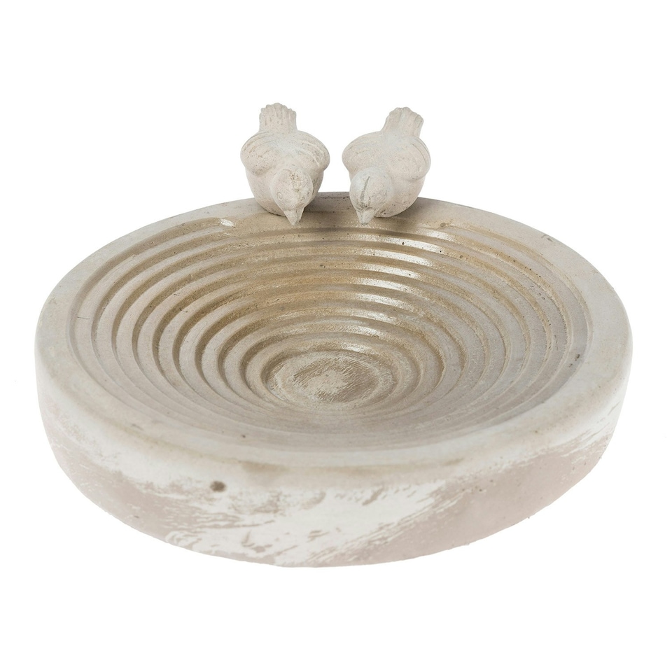 image 1 of Homescapes White Round Concrete Birdbath Heavyweight with Love Birds Decoration