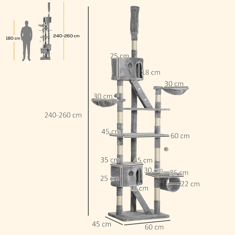 image 1 of PawHut Kitten Tower Adjustable 240-260cm, Scratch Posts, Houses