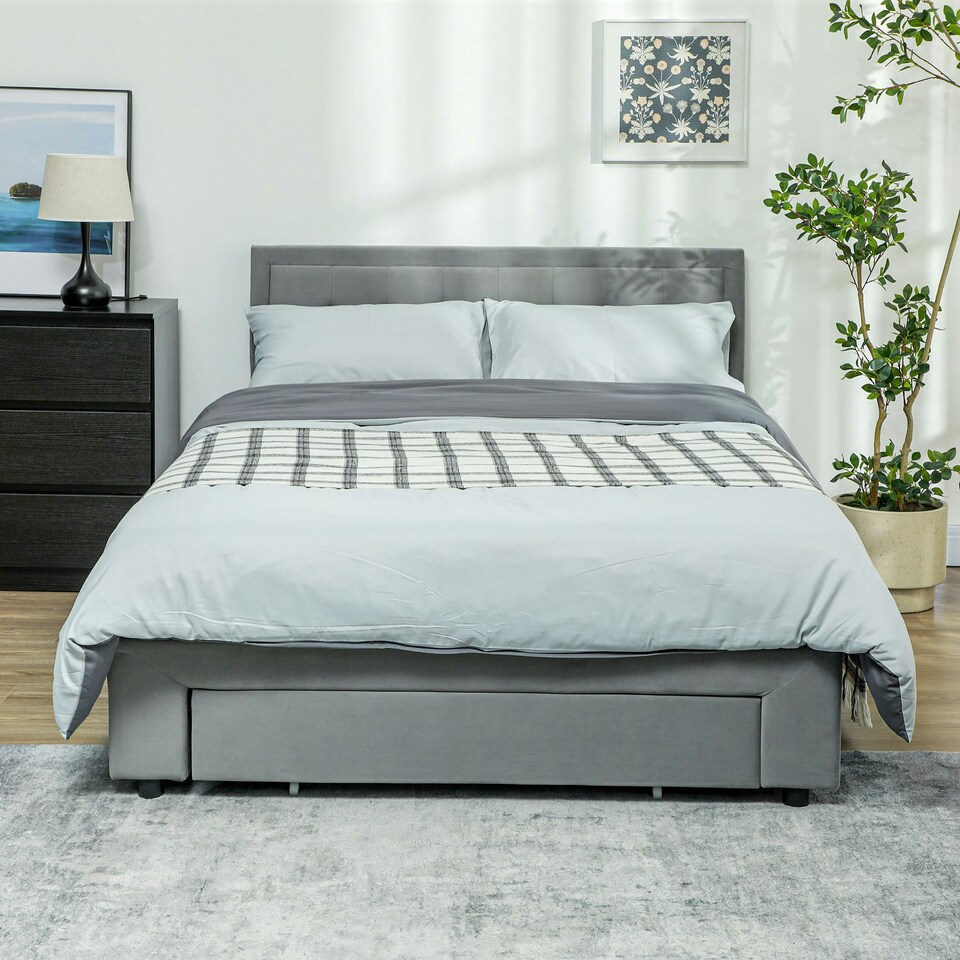 image 1 of HOMCOM Double Bed Frame with Storage and Adjustable Velvet Headboard, Grey