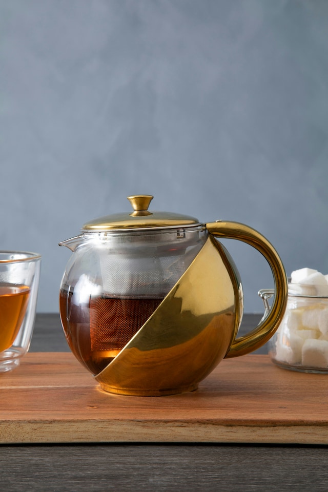 image 1 of Interiors By Premier Durable Gold Finish Glass 600Ml Teapot With Infuser, Durable Tea Pot For Dining Table, Practical Tea Pot