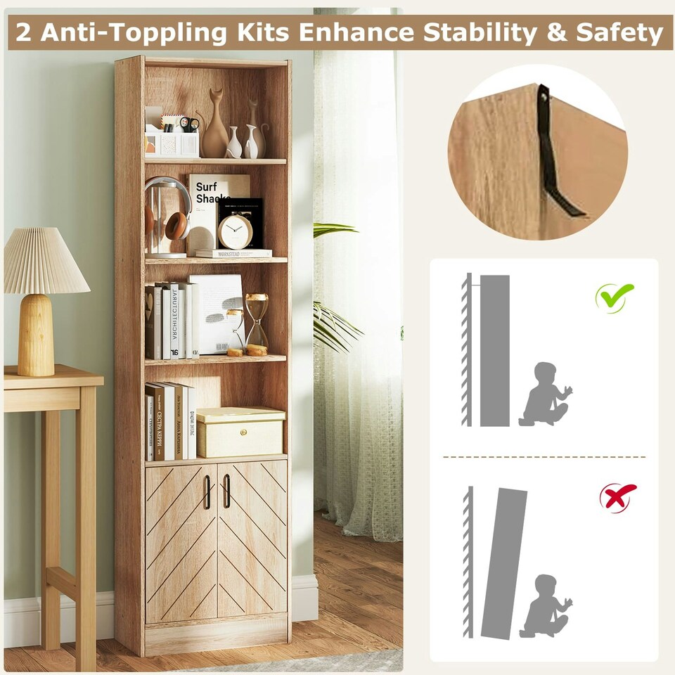 image 1 of COSTWAY 6-Tier Bookshelf Bookcase w/4 Open Cubes Oak Brown