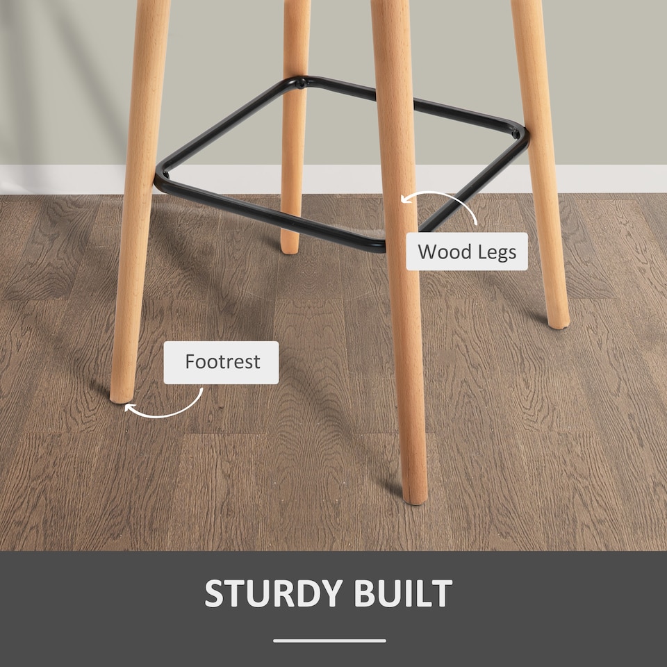 image 1 of HOMCOM Set of 2 Bar Stools Modern Upholstered Seat Bar Chairs with Metal Frame, Solid Wood Legs Living Room Dining Room Fabric Furniture - Beige