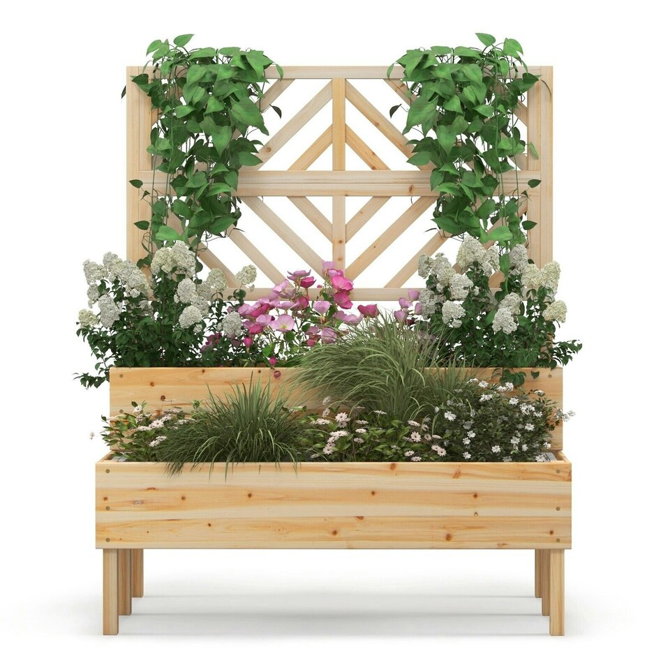 image 1 of COSTWAY Raised Garden Bed w/Trellis Elevated Planter Box Natural