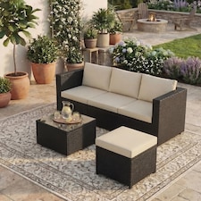 Garden Vida Hampton 4 Seater Corner Rattan Set Sofa Coffee Table Outdoor Garden Furniture, Black