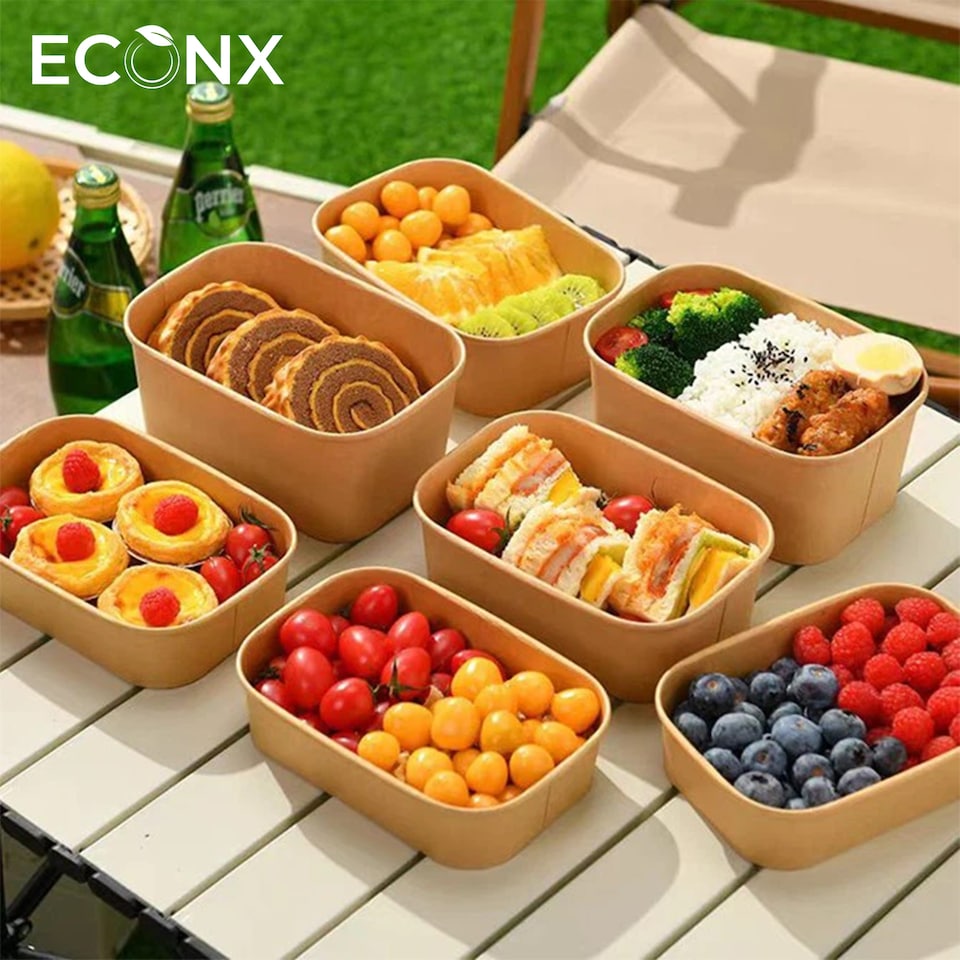 ECONX 500ml Kraft Food Containers with Plastic Lids Rectangular ...