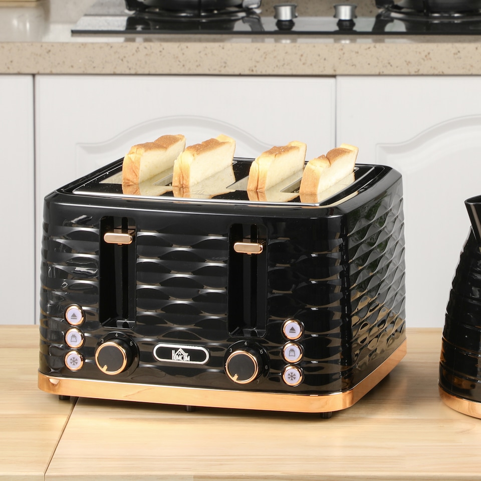 image 1 of HOMCOM 4 Slice Toaster with 7 Browning Levels, High Lift, ReheatDefrostCancel, Self-centring Function, Removable Crumb Tray, Auto Off, 1600W, Black Water Ripple Texture | Black | Rose gold accents